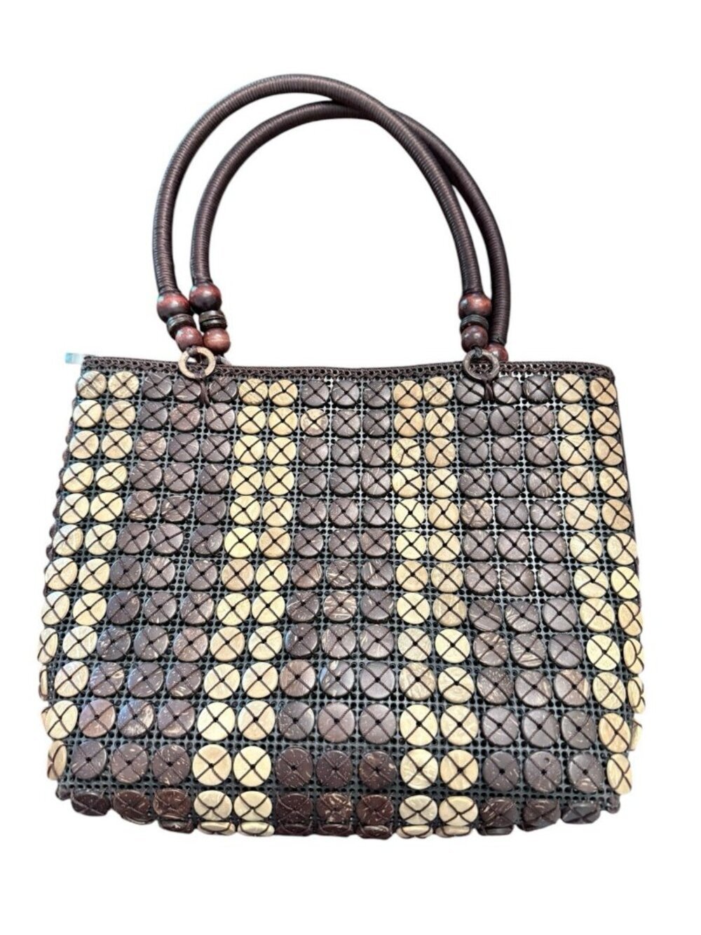 Boho Artsy Eclectic Lined Zipper Bag Tote 11" x 12" x 4" Wood Button Brown Tan